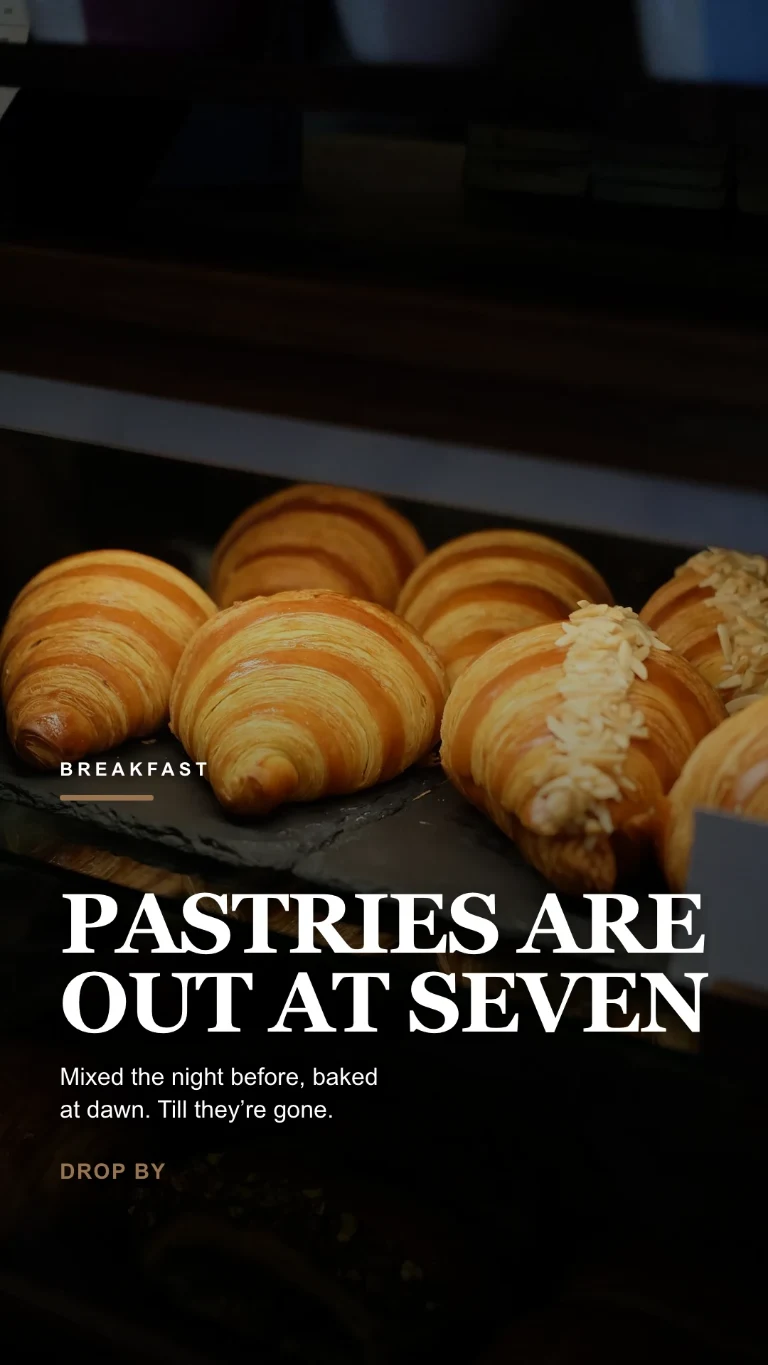 Vertical story about freshly baked breakfast pastries, with an invitation to drop by
