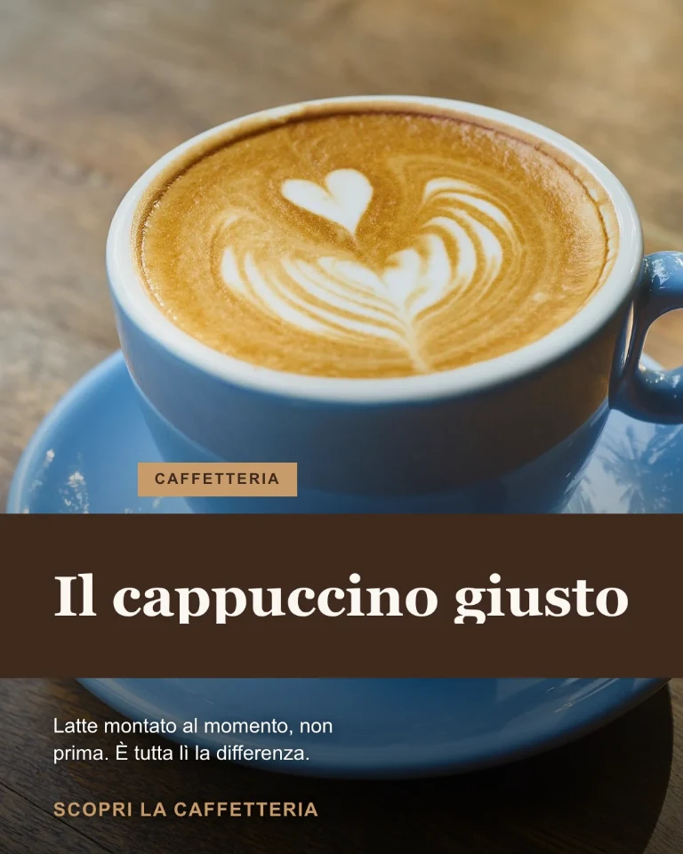 Post sulla caffetteria con dettaglio del cappuccino e badge di categoria