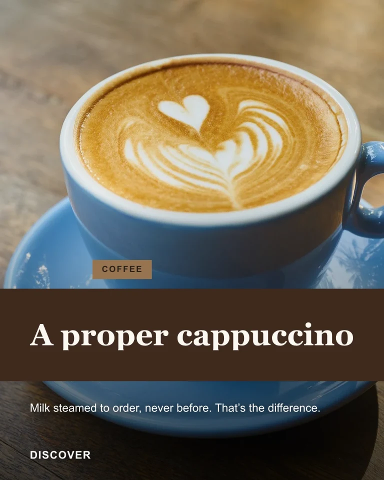 Post about the coffee offering, with a cappuccino close-up and category badge