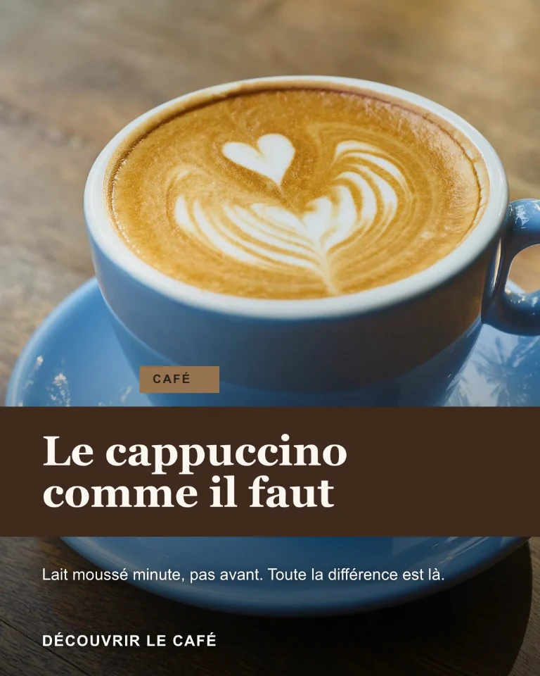 Post sur le café, avec détail du cappuccino et badge de catégorie