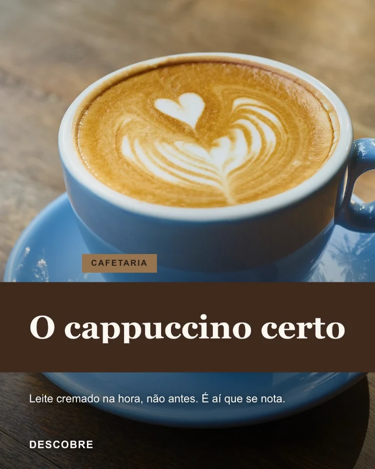 Post sobre a cafetaria com detalhe do cappuccino e selo de categoria
