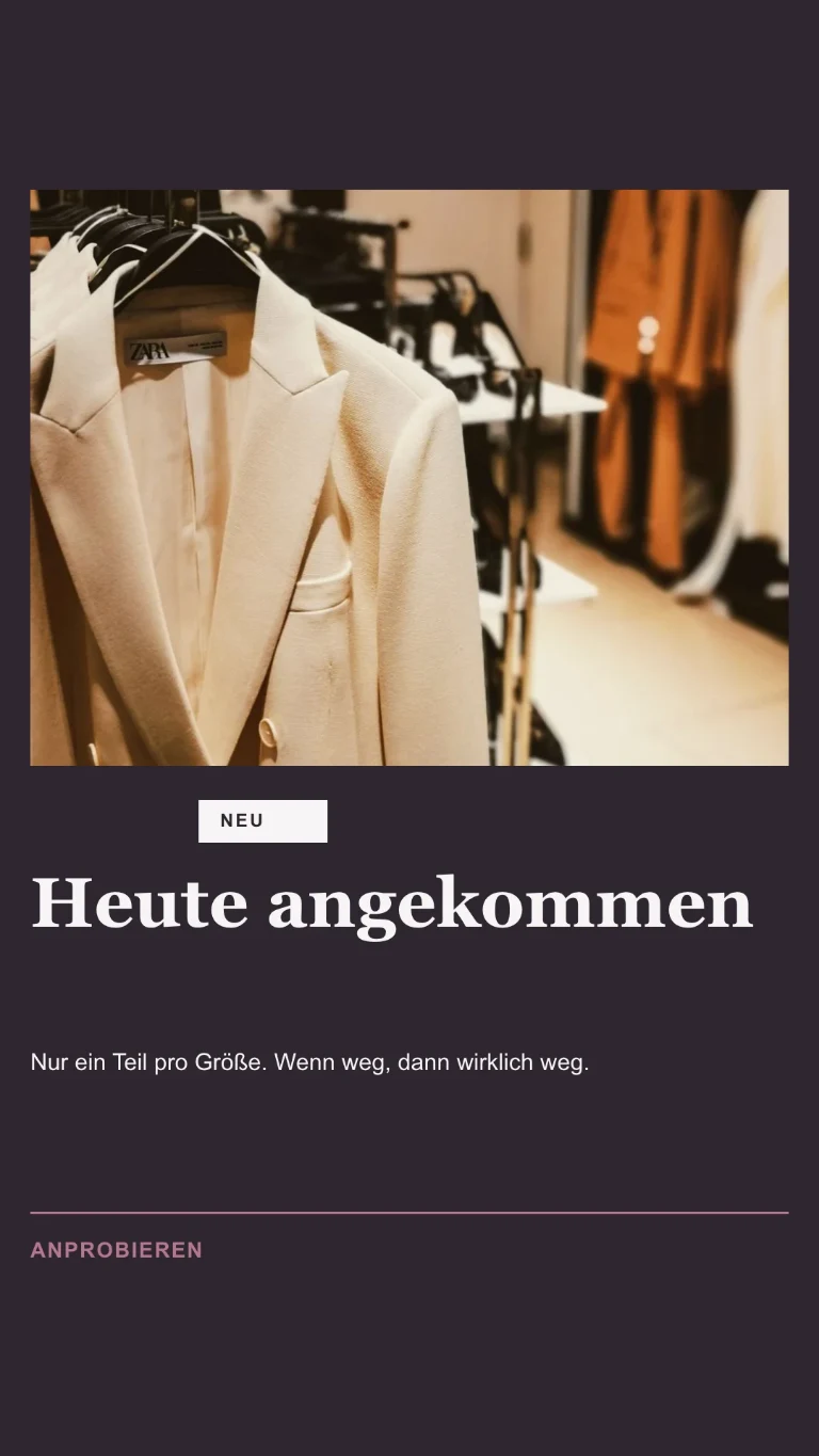Vertikale Story zu einem gerade eingetroffenen Teil, mit Einladung zum Anprobieren