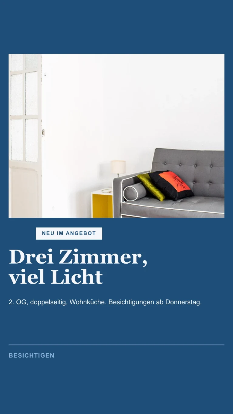 Vertikale Story zu einer neu zum Verkauf stehenden Immobilie, mit Aufforderung, einen Besichtigungstermin zu vereinbaren