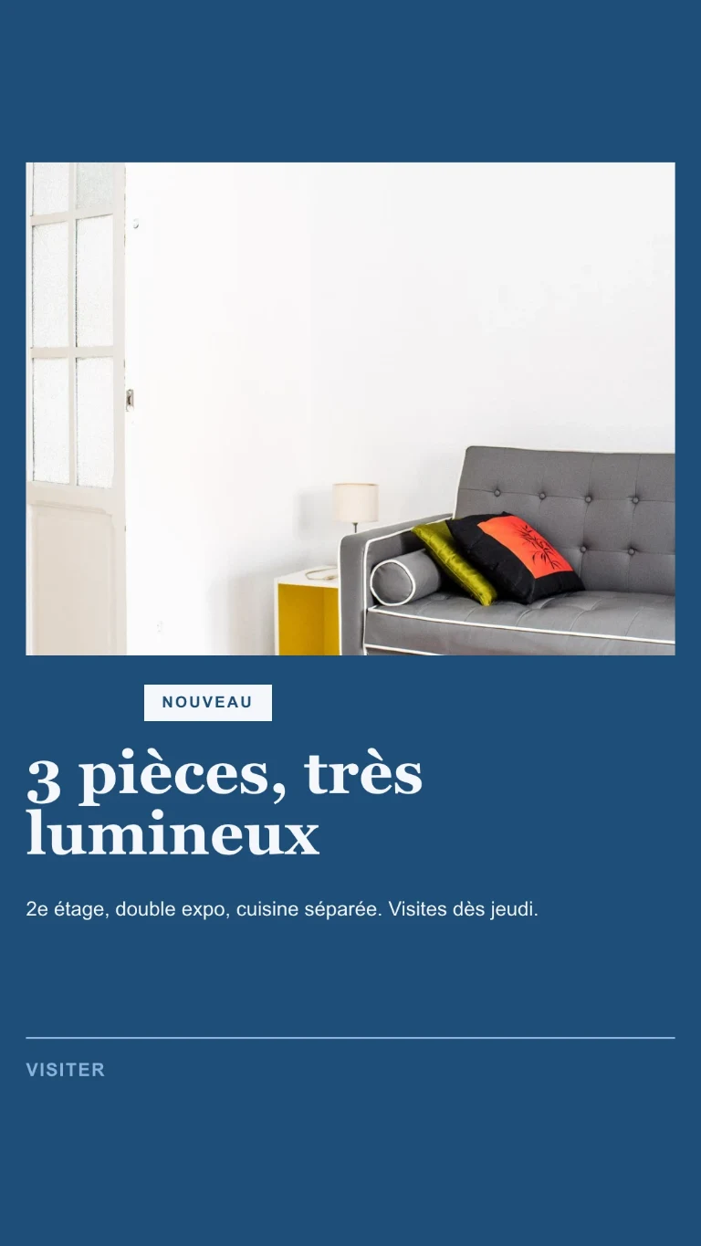Story verticale sur un nouveau bien à vendre, avec invitation à prendre rendez-vous pour une visite