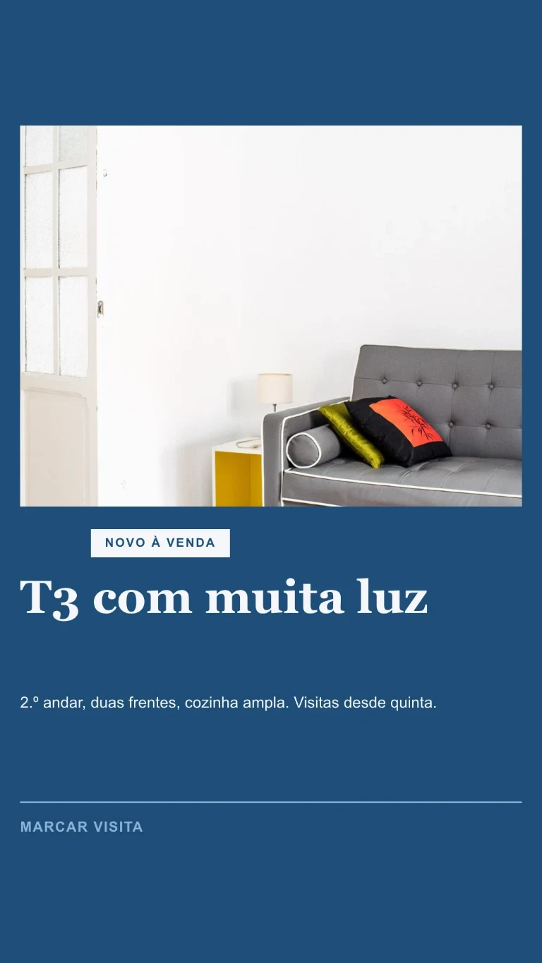 Story vertical sobre um novo imóvel à venda, com convite para marcar visita