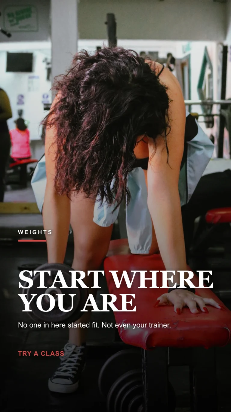 Vertical story about a weights-room workout, with a prompt to try it out