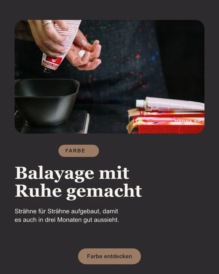 Quadratischer Post zum Balayage, mit einem Text, der die Technik erklärt, und dem Kategorie-Badge „Farbe“
