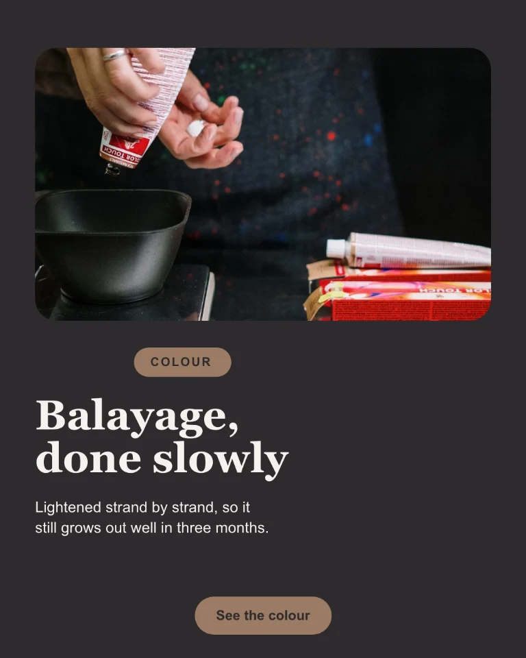Square Post about balayage, with copy explaining the technique and the ‘Colour’ category badge