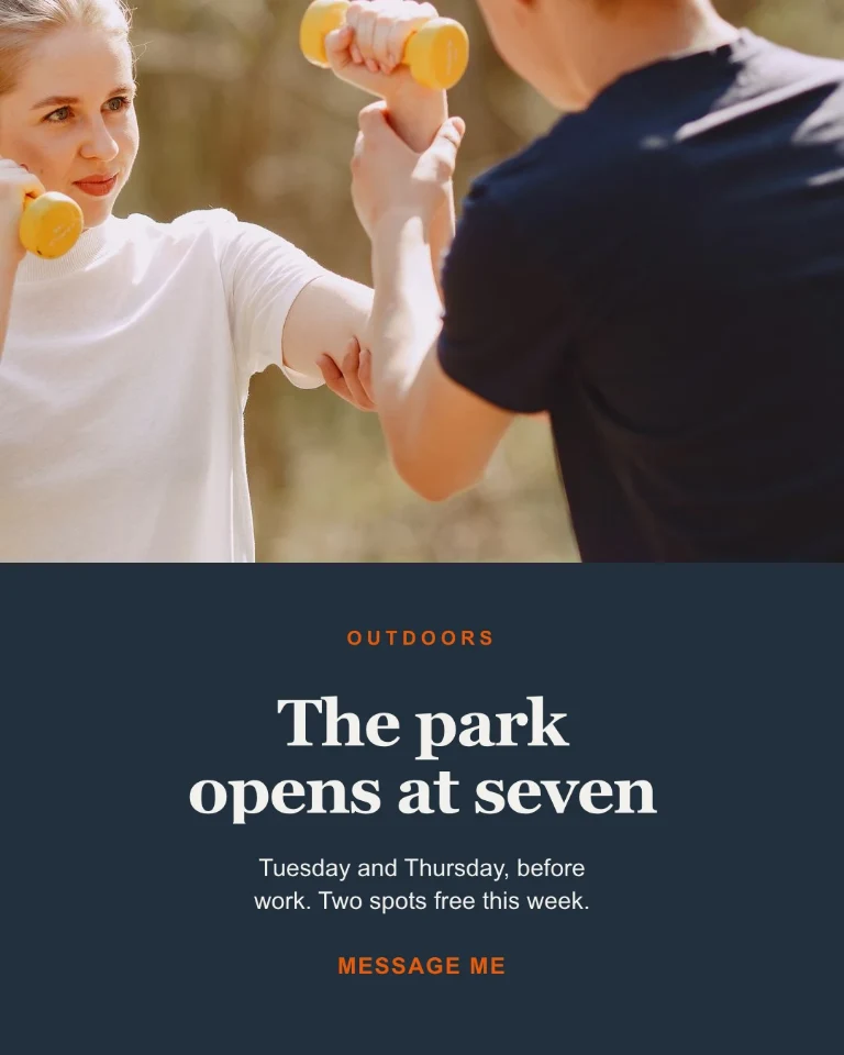 Post about an outdoor training session, with that week’s availability